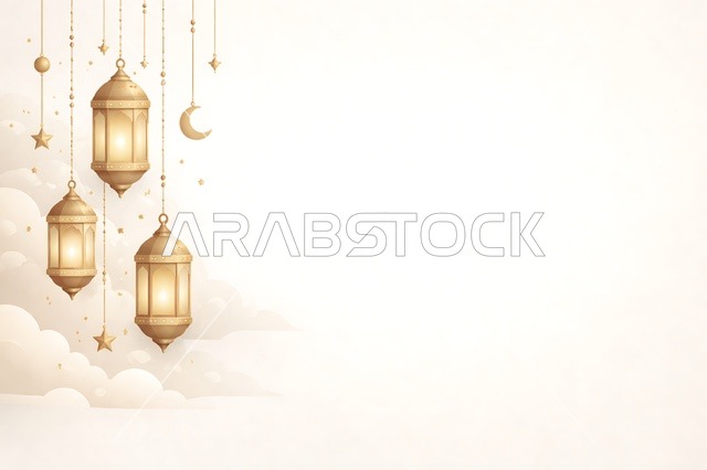 خلفية رمضان مع فوانيس ذهبية وهلال مضيء