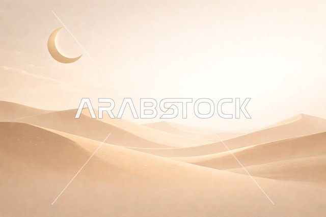 هلال فوق الكثبان الرملية الصحراوية خلفية رمضانية