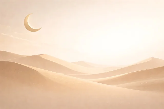 هلال فوق الكثبان الرملية الصحراوية خلفية رمضانية