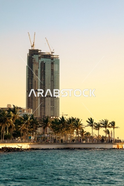 الواجهة البحرية لمدينة جدة بالمملكة العربية السعودية ، واجهة جدة البحرية ، الابراج وناطحات السحاب ، معالم جدة السياحية الشهيرة ، برج المقر الرئيسي للأعمال التجارية بجدة