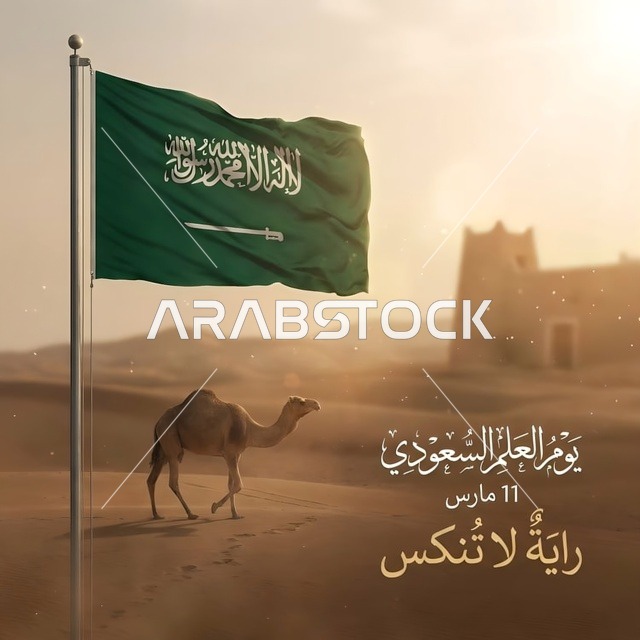 علم السعودية في الصحراء مع جمل وقلعة تراثية