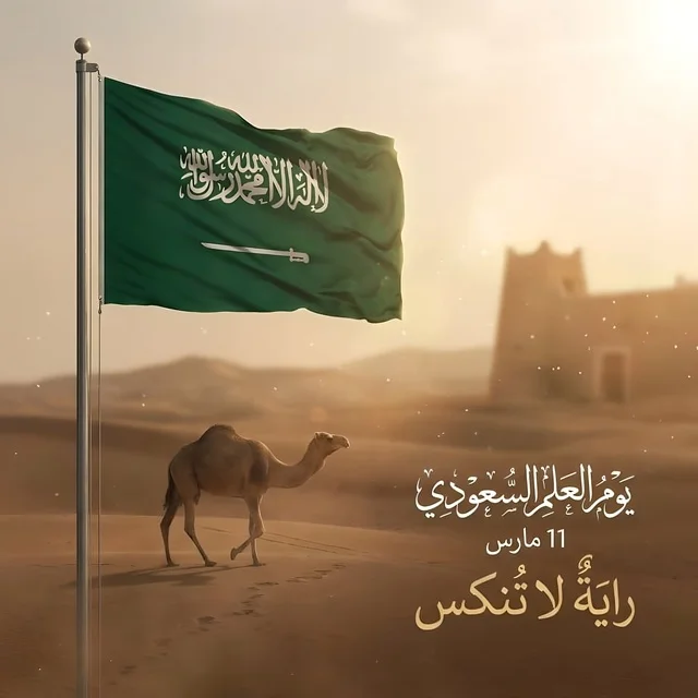علم السعودية في الصحراء مع جمل وقلعة تراثية