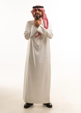 Saudi Man Holding Throat in Pain on White Background