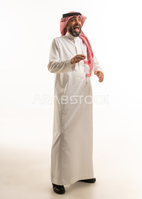 Saudi Man in Traditional Thobe Laughing on White Background