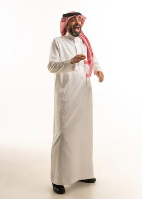 Saudi Man in Traditional Thobe Laughing on White Background