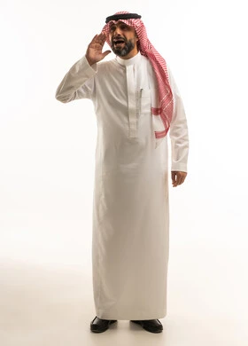 Saudi Man in Traditional Thobe Shouting on White Background