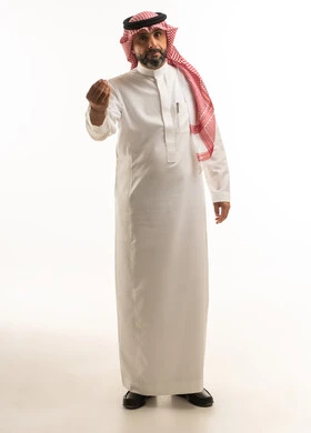 Saudi Man in Traditional Thobe Making Hand Gesture