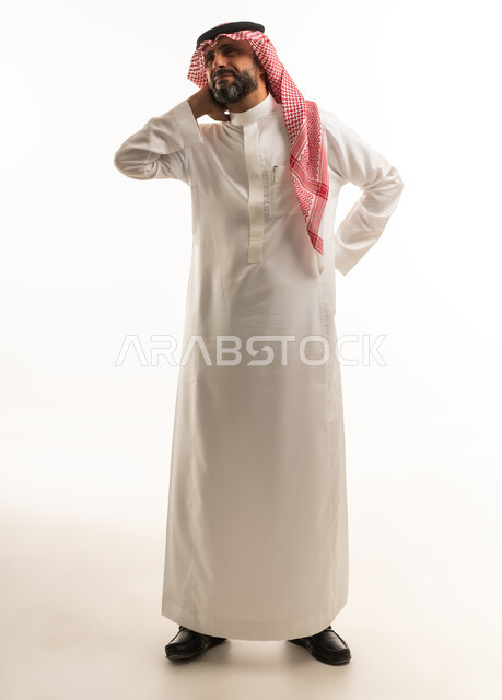 Saudi Man in Traditional Thobe with Neck Pain