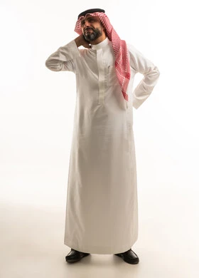 Saudi Man in Traditional Thobe with Neck Pain