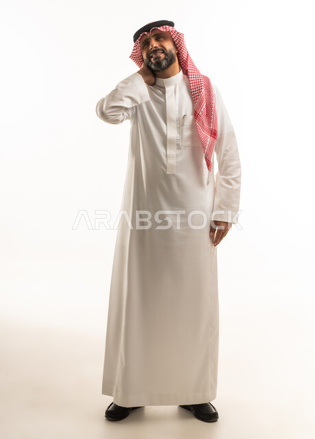 Saudi Man in Traditional Thobe with Neck Pain