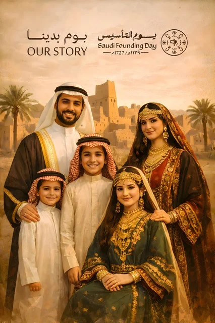 Saudi Family in Traditional Heritage Attire for Founding Day
