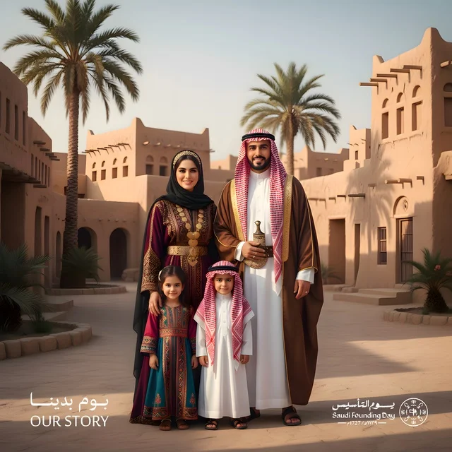 Saudi Family in Traditional Attire at Heritage Village