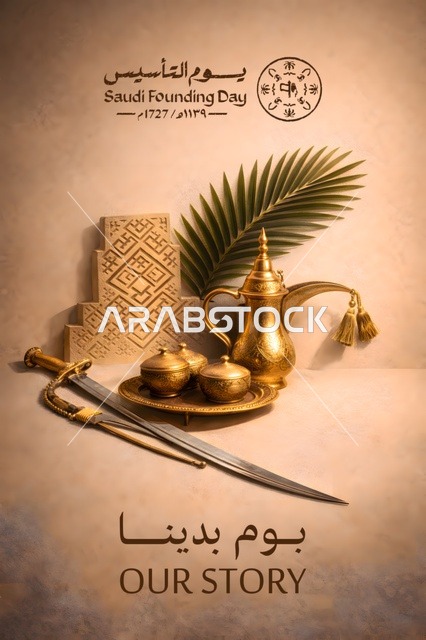 عرض يوم التأسيس السعودي مع الدلة والسيف التقليدي