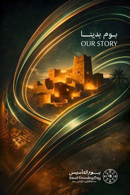 Saudi Founding Day Traditional Fortress and Gold Swirls