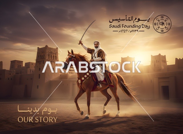 يوم التأسيس السعودي فارس بزي تقليدي في قرية تراثية