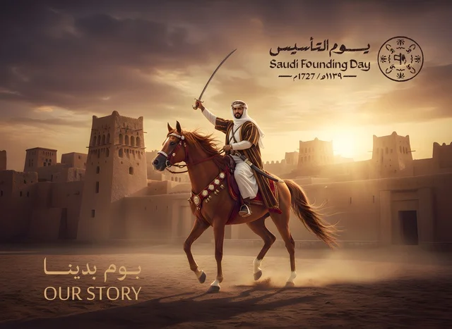 يوم التأسيس السعودي فارس بزي تقليدي في قرية تراثية