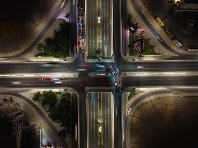 كبري المربع طريق المدينة جدة تصوير جوي ليلي