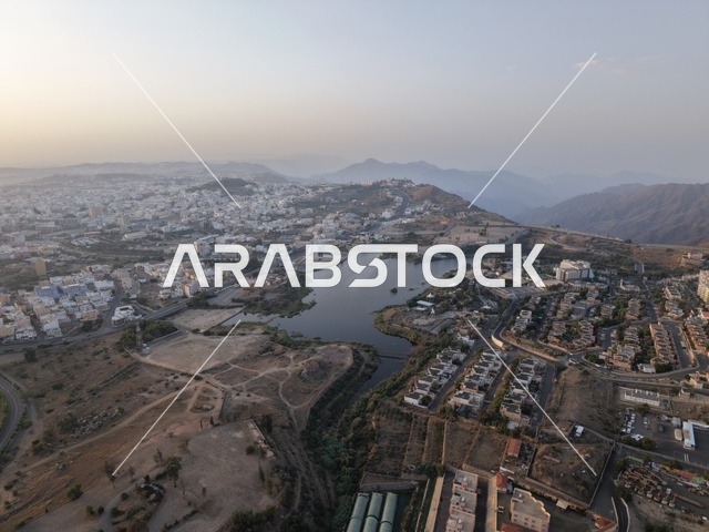 Abha Dam Lake and Asir Mountains Aerial View