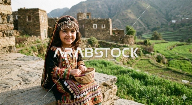 Saudi Girl in Traditional Southern Dress in Mountain Village