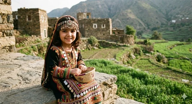 Saudi Girl in Traditional Southern Dress in Mountain Village