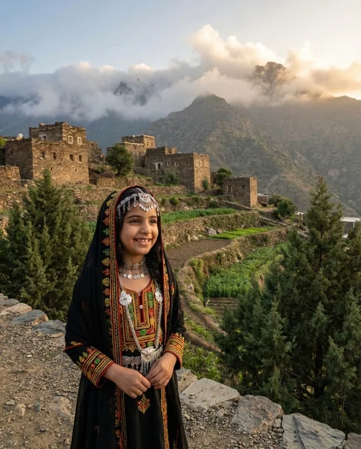 طفلة سعودية بالزي الجنوبي في قرية جبلية تاريخية