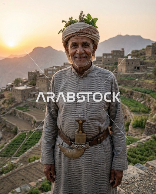 رجل سعودي مسن بالزي الجنوبي والجنبية وقت الغروب