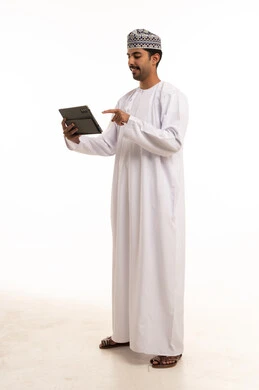 Omani Man Using Digital Tablet on White Background