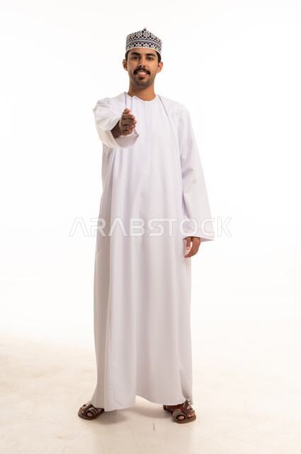 Omani Man Traditional Handshake on White Background