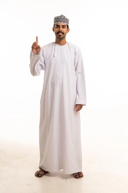 Omani Man in Traditional Dishdasha Pointing Upward
