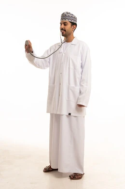 Omani Male Doctor Holding Stethoscope on White Background
