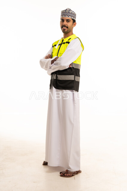 Omani Man in Safety Vest on White Background