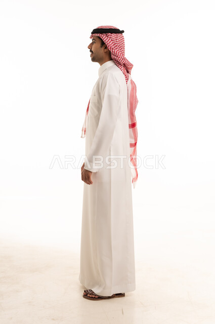 Saudi Man in Traditional Thobe Profile on White Background