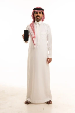 Saudi Man Holding Blank Smartphone on White Background