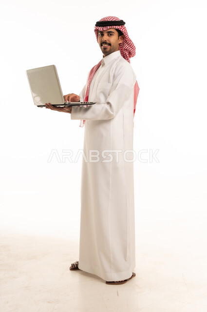 Saudi Man with Laptop on White Background