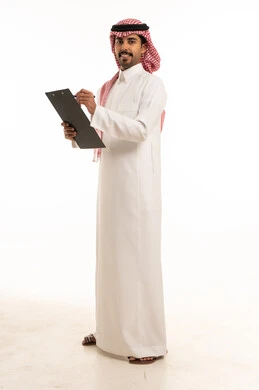 Saudi Man in Traditional Thobe Holding Clipboard