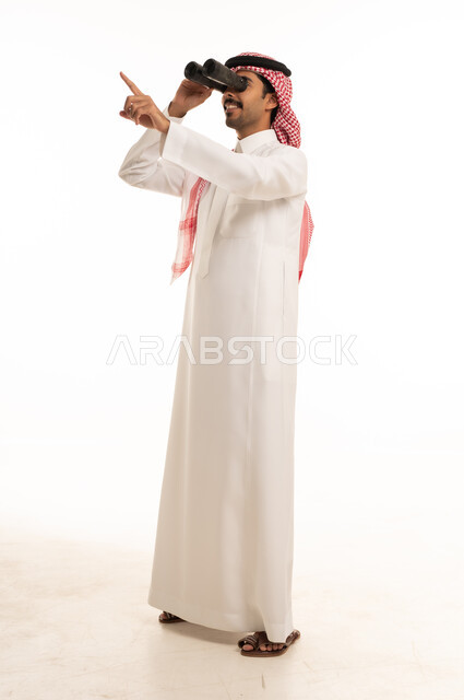 Saudi Man Looking Through Binoculars on White Background