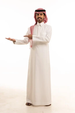 Saudi Man Pointing to Open Hand on White Background