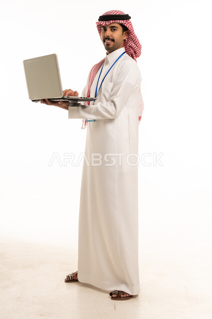 Saudi Professional Man with Laptop on White Background