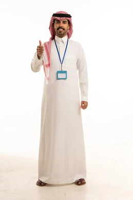 Saudi Man in Thobe Giving Thumbs Up on White Background
