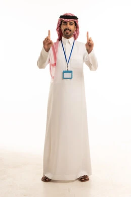 Saudi Man in Thobe Pointing Up with ID Badge