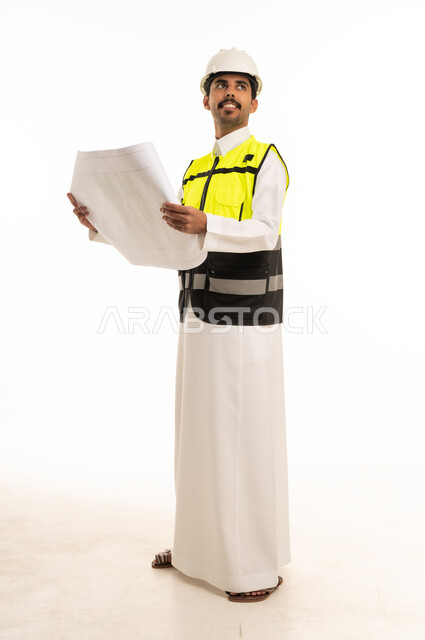 Saudi Engineer Holding Blueprint on White Background
