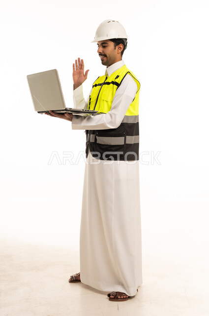 Saudi Engineer With Laptop On White Background