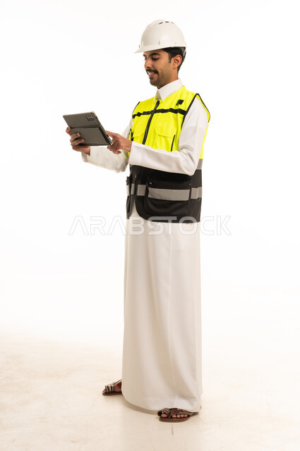 Saudi Engineer with Tablet on White Background