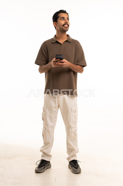 Arab Man with Smartphone on White Background