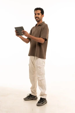 Arab Man Holding Digital Tablet on White Background