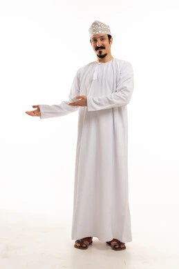 Omani Man in Traditional Dress With Welcoming Gesture
