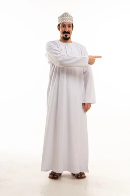 Omani Man in Traditional Dress Pointing to Side