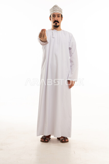 Omani Man in Traditional Dishdasha on White Background