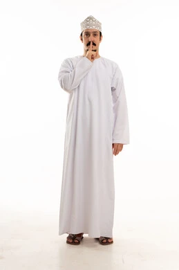 Omani Man Shushing in Traditional Dishdasha on White