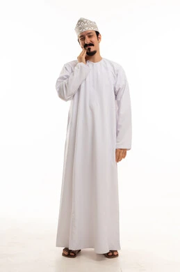 Omani Man in Traditional Dishdasha on White Background